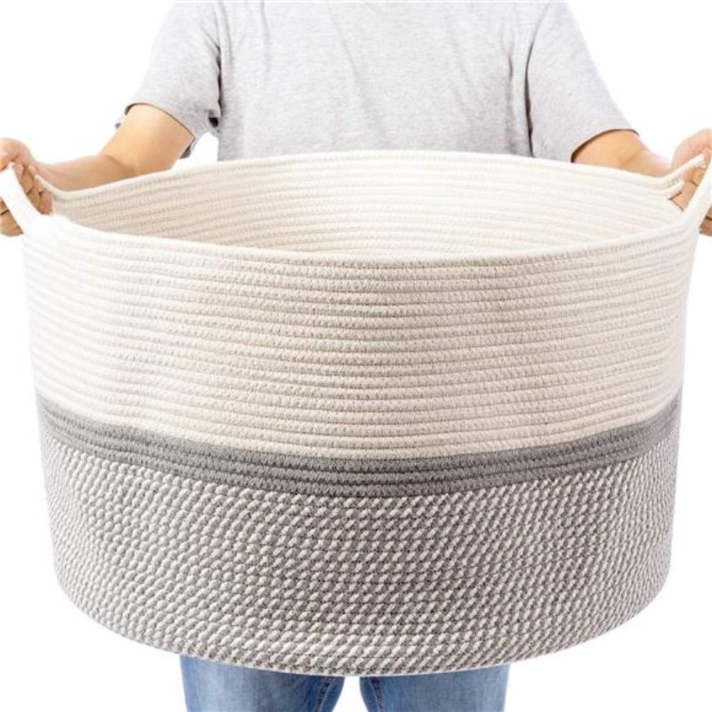 XXL Extra Large Cotton Rope Woven Basket, Throw Blanket Storage Basket w/ Handle